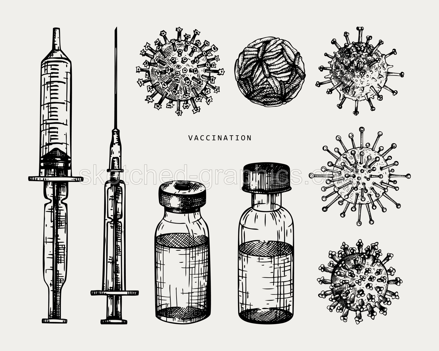 Coronavirus vaccine vector set. Hand sketched concept of Covid-19 corona virus vaccination with vaccine bottle, syringe injection tools and different viruses. Vintage sketch collection Illustration